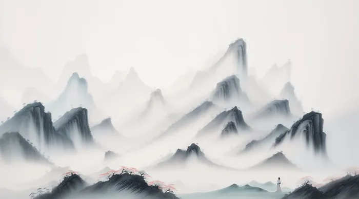 大气写意中国传统水墨画山水插画壁纸山间女