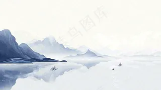 山水画简约白色河面插画手绘，中国风古风
