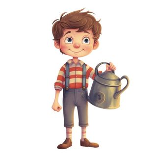 小男孩拿着水壶水桶浇水绿植草人物插画免抠