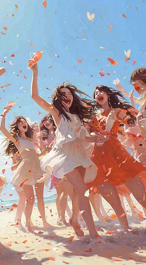 夏日阳光沙滩狂欢玩耍，音乐舞蹈缤纷烟花手绘插画