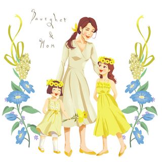 妈咪与俩姐妹插画PSD素材