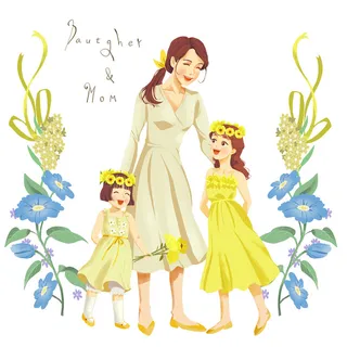 妈咪与俩姐妹插画PSD素材