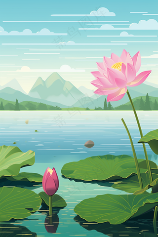 荷花莲花荷叶盛开卡通插画