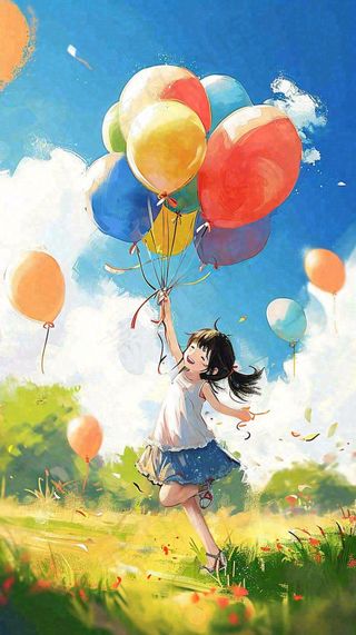 一个可爱的小女孩手里牵着彩色气球在草地上奔跑夏天，儿童节