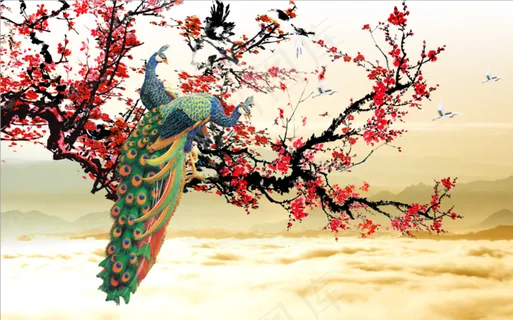 新中式中国风简笔画山水花鸟梅花丹顶鹤客厅卧室走廊装饰画玄关画壁画