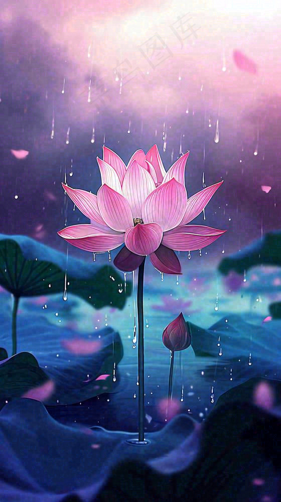 夏天下雨池塘里盛开的荷花特写，立夏，夏至