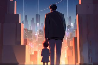 父亲和孩子亲情城市剪影背景