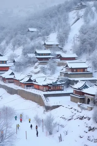 冬天白雪覆盖的小村庄雪景摄影图