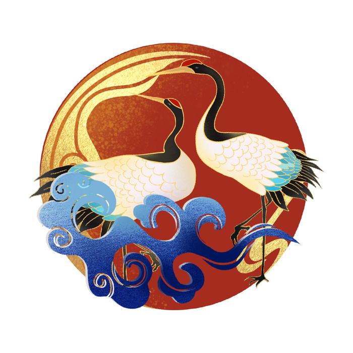 中国风国潮仙鹤山水插画手绘元素场景PSD设计素材