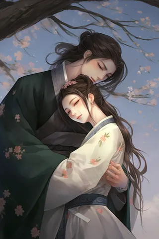 古风情侣花树下拥抱浪漫氛围插画素材