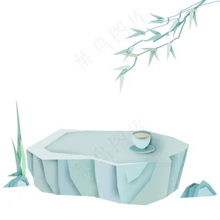 中国风 复古烟 青色 清新山水 剪纸元素 景色 PNG 免抠 素材