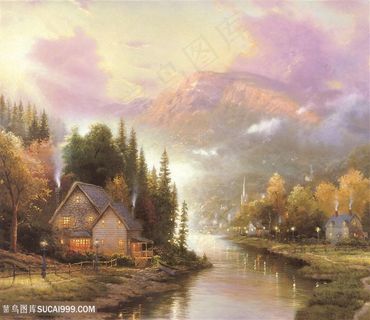 水彩湖畔乡村建筑山脉美景风景画油画