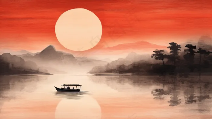 江南水乡水墨画山水船红色插画(4368x2448)