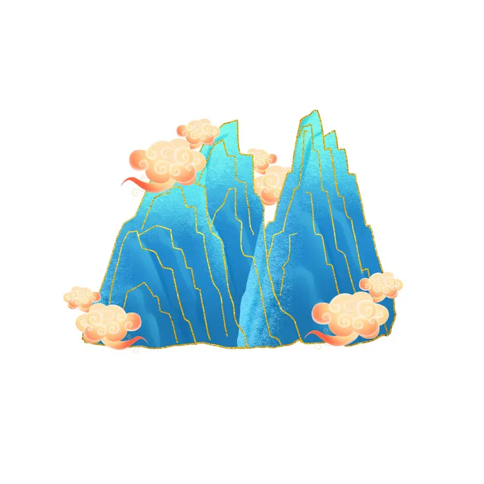 中国风国潮山水插画祥云中式手绘烫金线条元素png装饰背景PSD素材