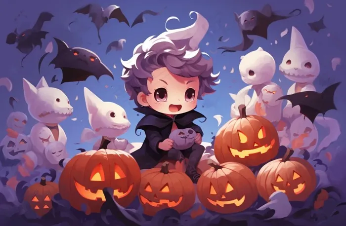 万圣节可爱搞怪小孩幽灵卡通插画素材(1344x880)