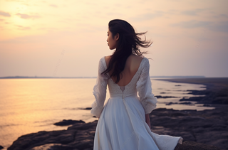 一个美女穿着一件漂亮的白色连衣裙在海边的背影