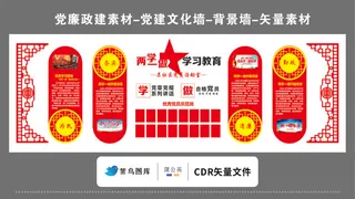 党建文化墙党建素材CDR预览图红色背景两学一做古典屏风传统花纹