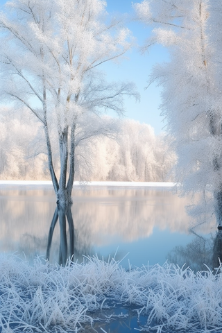 冬天雪景湖边的树木摄影图