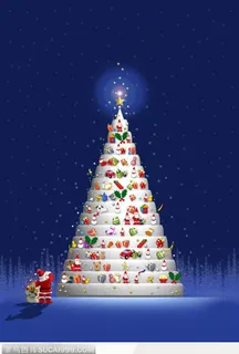 宝塔形圣诞树上的礼品和树下的圣诞老人