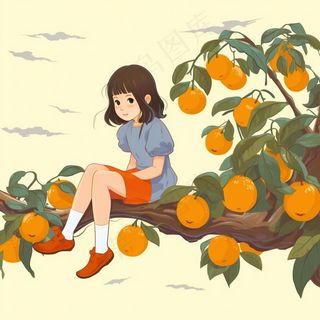 女孩坐着橘子柿子树上摘果子插画素材背景