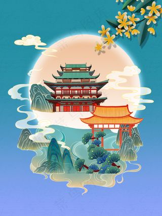国潮中国山水画古建筑插图海报