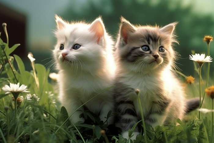 两只幼猫在草丛里玩耍摄影图