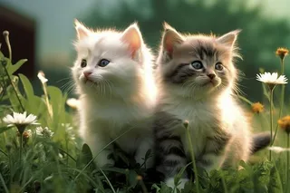 两只幼猫在草丛里玩耍摄影图