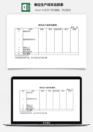 单位生产成本估算表excel模板