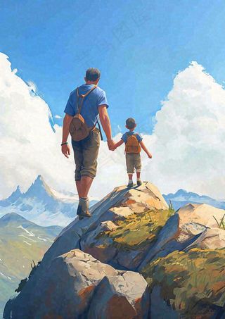 户外郊外徒步登山运动探险旅行手绘插画，健身健康