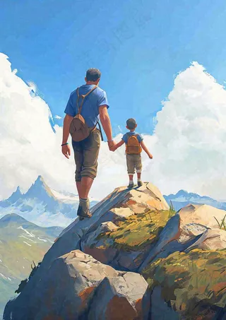 户外郊外徒步登山运动探险旅行手绘插画，健身健康