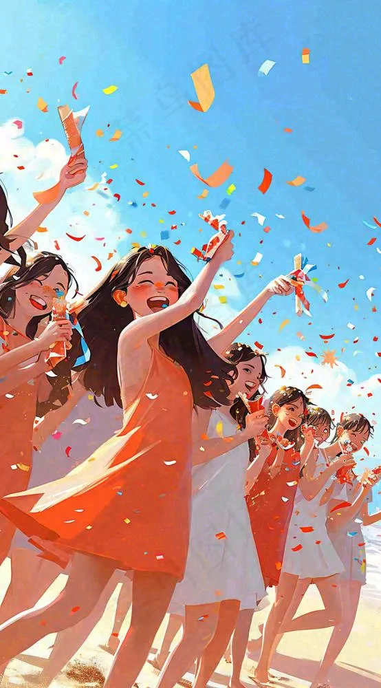 夏日阳光沙滩狂欢玩耍，音乐舞蹈缤纷烟花手绘插画(816x1472)