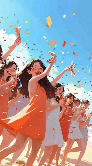 夏日阳光沙滩狂欢玩耍，音乐舞蹈缤纷烟花手绘插画