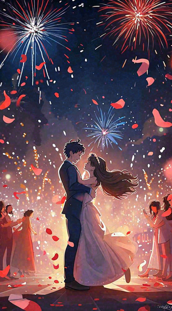 浪漫情人节爱心爱情夜晚烟花，跳舞插画(816x1472)