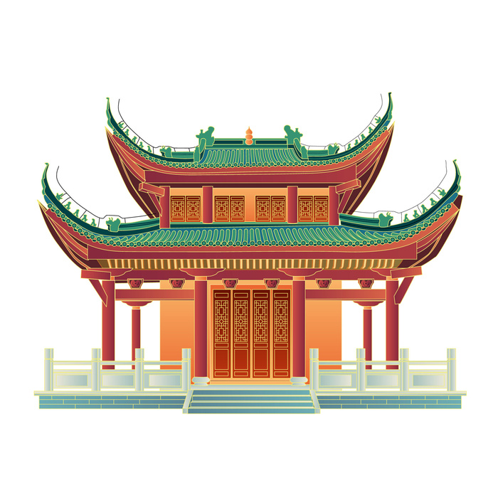 复古中国风国潮古建筑插画手绘高楼古塔AI素材亭子png免抠图