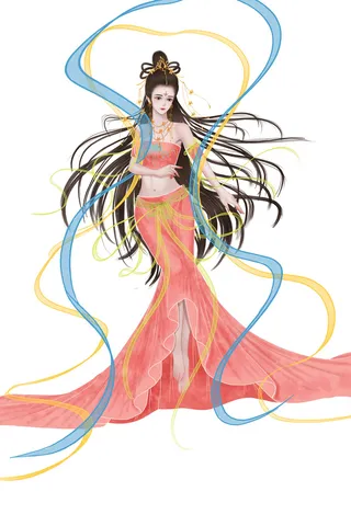 手绘国潮中国风古代敦煌神话飞天仙女美女古装人物插画PSD素材