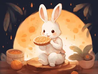 月饼小白兔玩耍插画水彩画背景