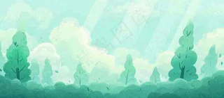 春天绿色插画手绘森林草地，白云阳光