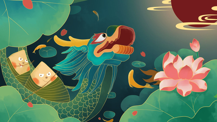 国潮风中国传统节日端午节赛龙舟粽子场景插画海报PSD设计素材