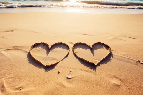 海边沙滩上的两个爱心摄影图