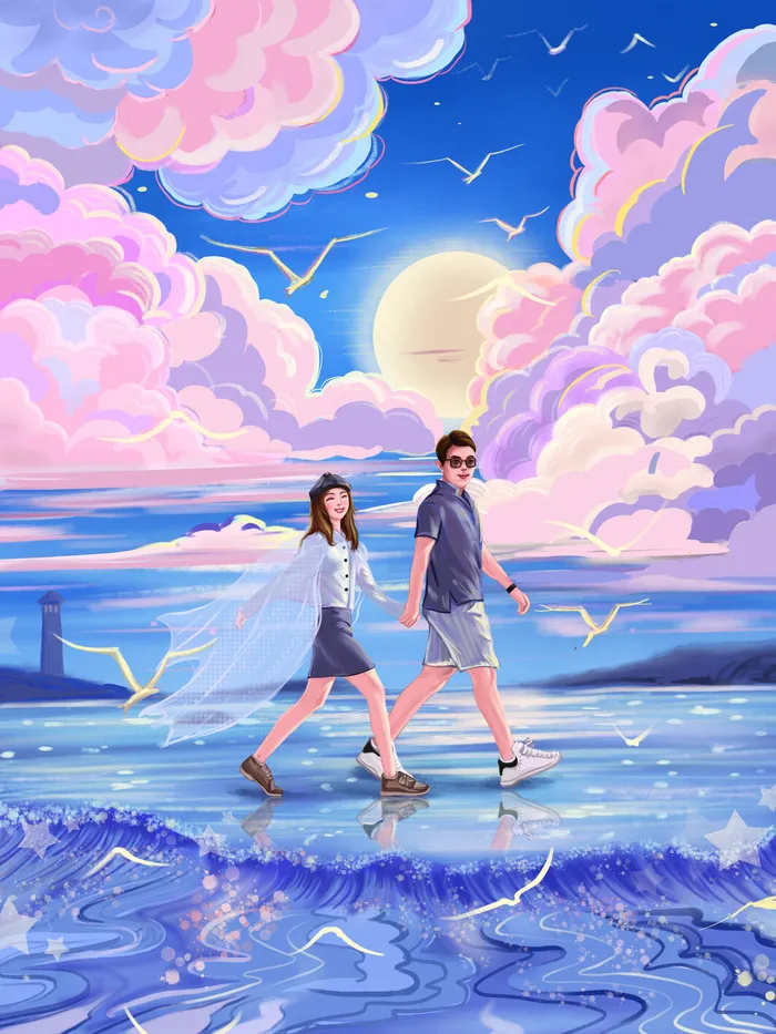 卡通温馨浪漫2月14七夕520情侣拥抱情人节主题插画海报PSD素材psd模版下载
