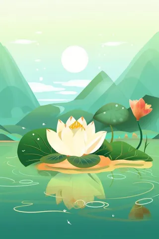 国潮鎏金莲花山水绿色