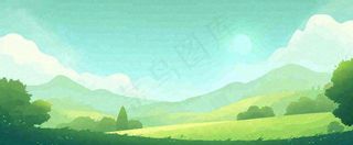 春天手绘绿色山坡春分，踏青，春游