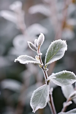 白霜覆盖在绿叶植物霜降摄影图 