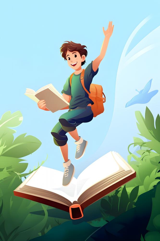 学生跳跃书籍花草背景