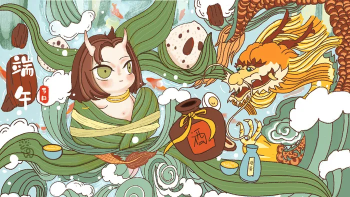 国潮风中国传统节日端午节赛龙舟粽子场景插画海报PSD设计素材psd模版下载