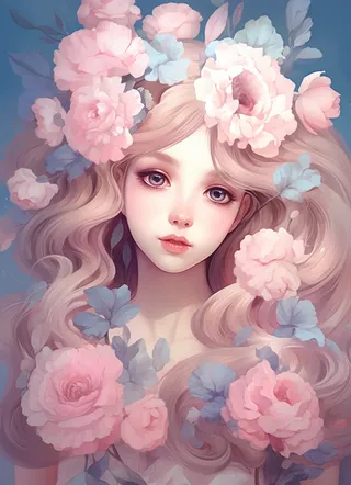 美丽少女抱着大捧粉色鲜花卡通插画