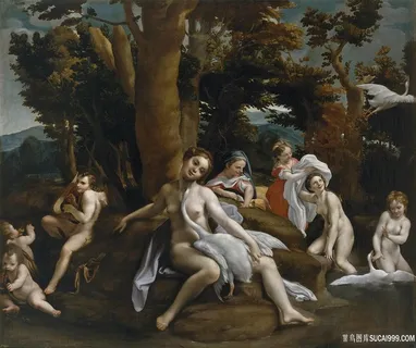 大树下人群油画风景画油画图片