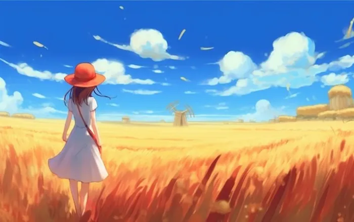 秋天麦田里的女孩背影插画背景(1376x864)