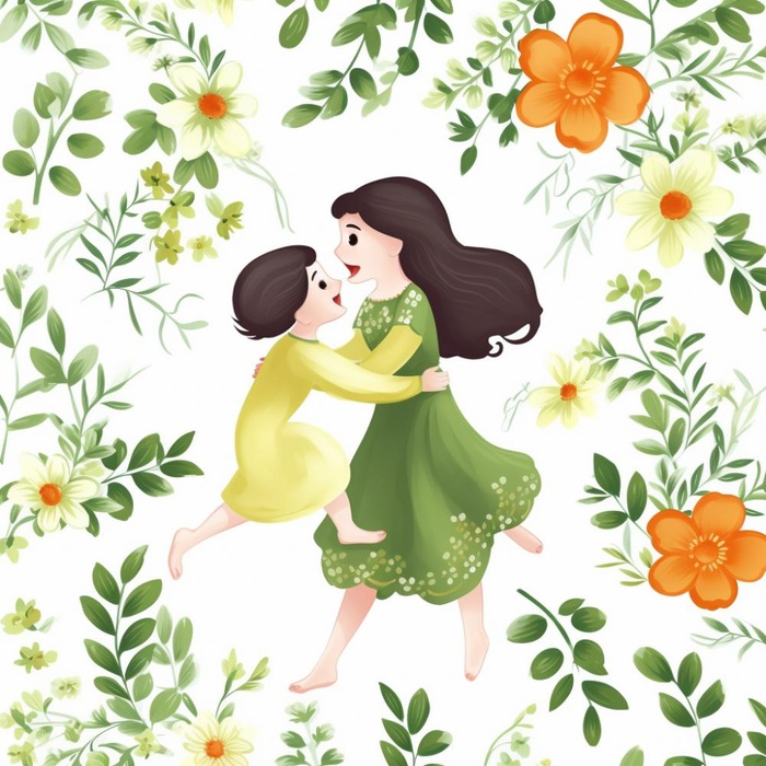 母亲节妈妈拥抱着孩子花海手绘插画素材海报背景(1024x1024)