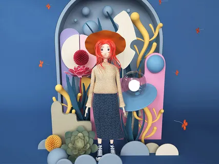 C4D彩色卡通风格植物背景女孩IP形象